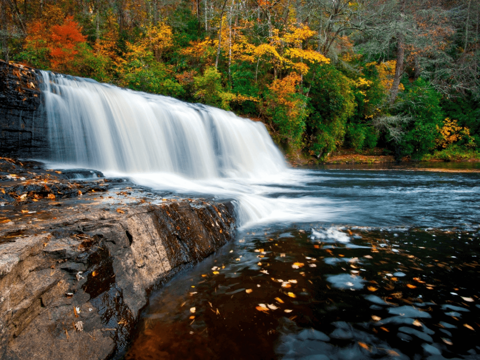 A blue ridge waterfall with fallen autumn leaves